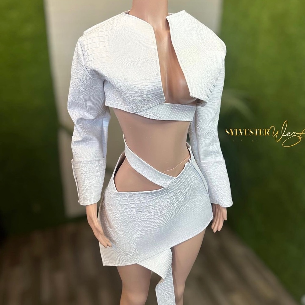White alligator printed leather two piece cropped jacket skirt set